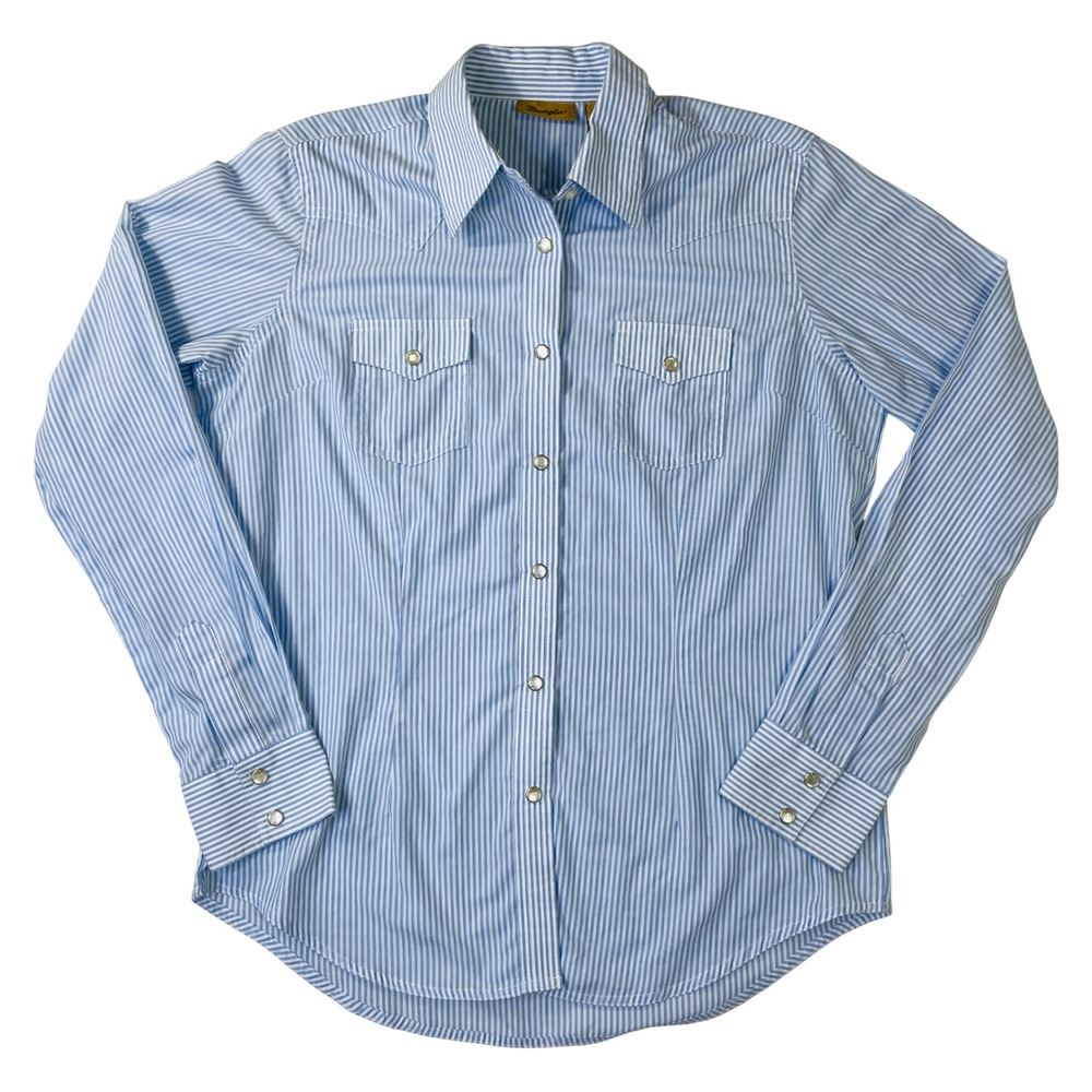 Wrangler Womens Blue White Striped Western Pearl Snap Shirt LWES09M Small